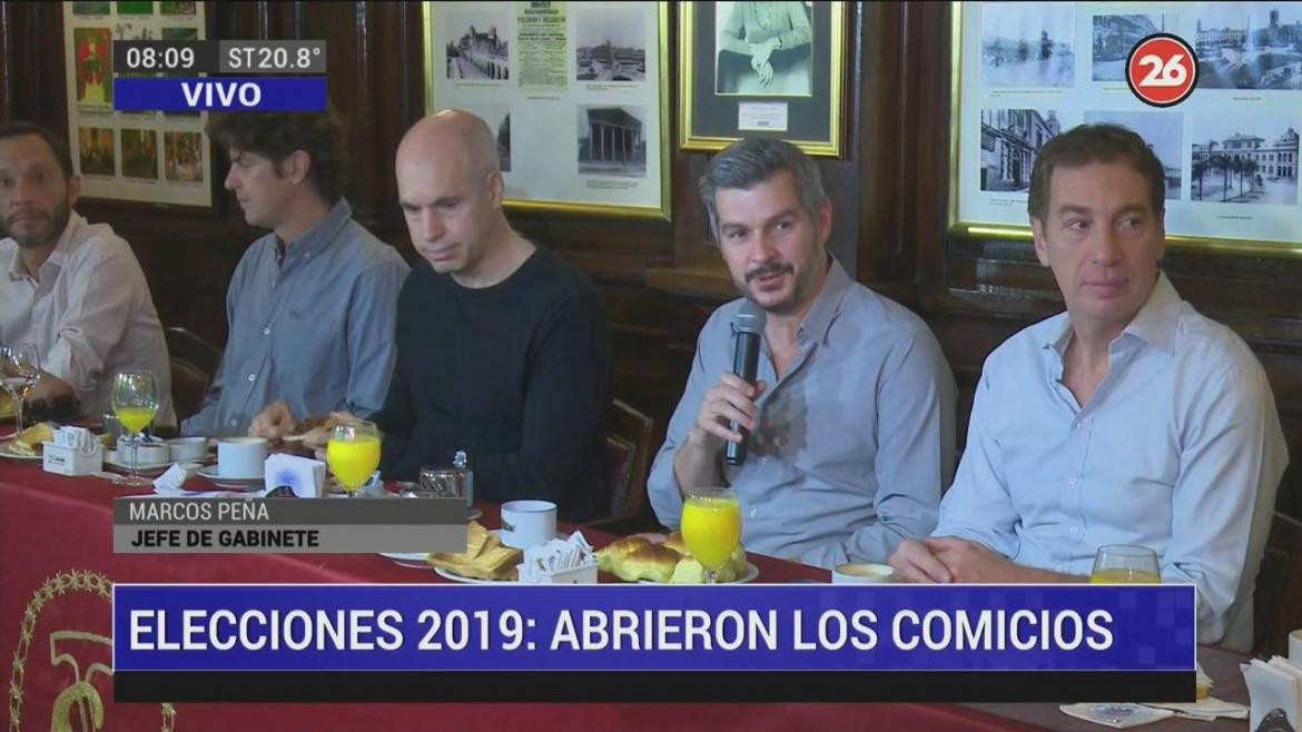 Desayuno Juntos por el Cambio, Marcos Peña, Horacio Rodríguez Larreta, Diego Santilli, NA