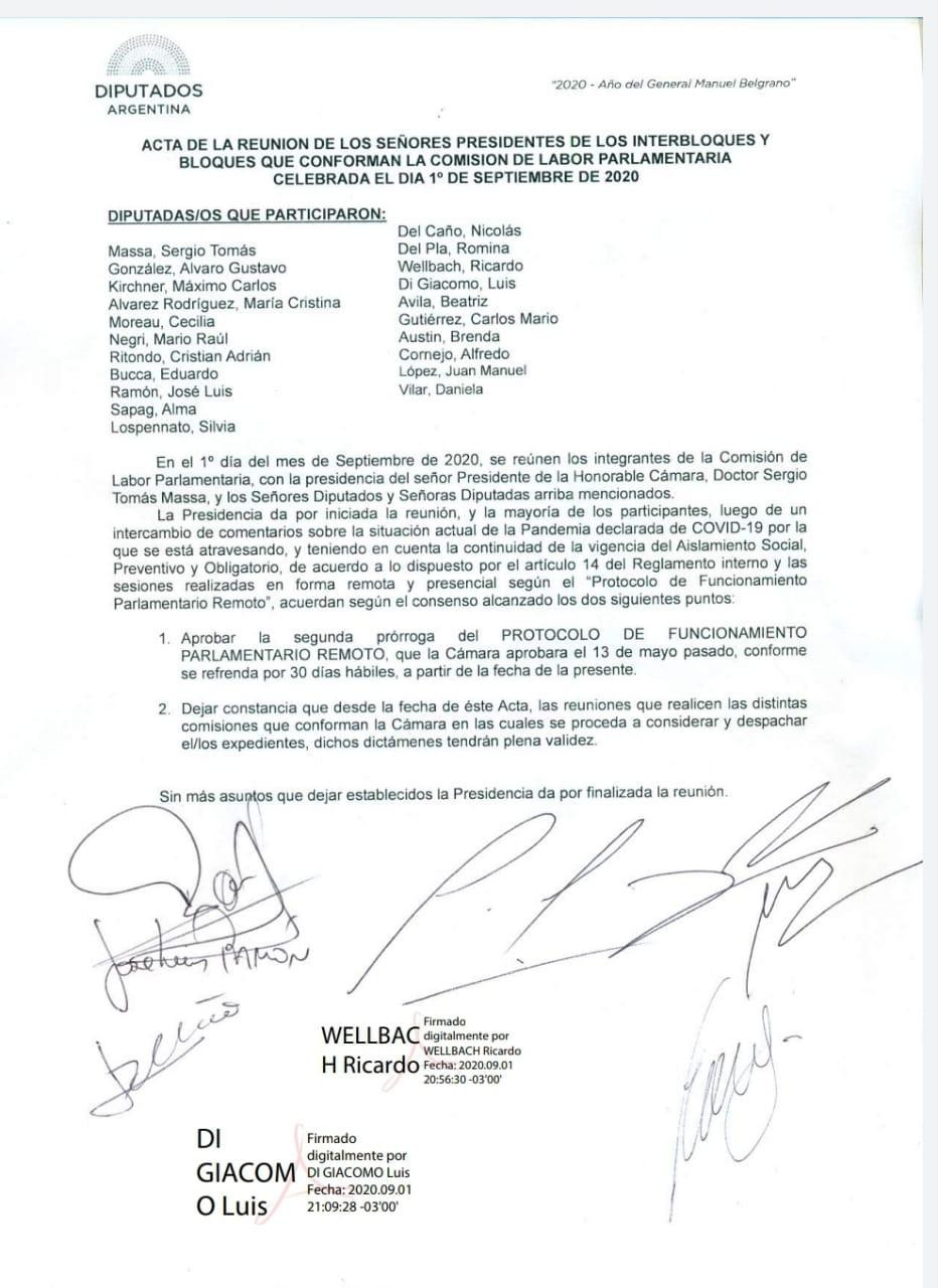 Documento y firmas de Diputados, sesiones remotas