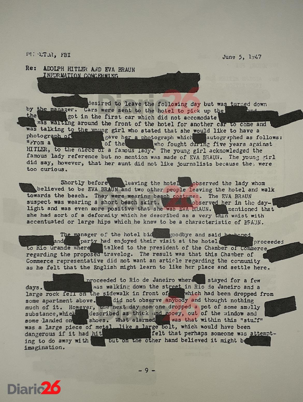 Adolf Hitler en Brasil, Hotel Atlántico, Cassino, documento desclasificado del FBI de 1947 - 09