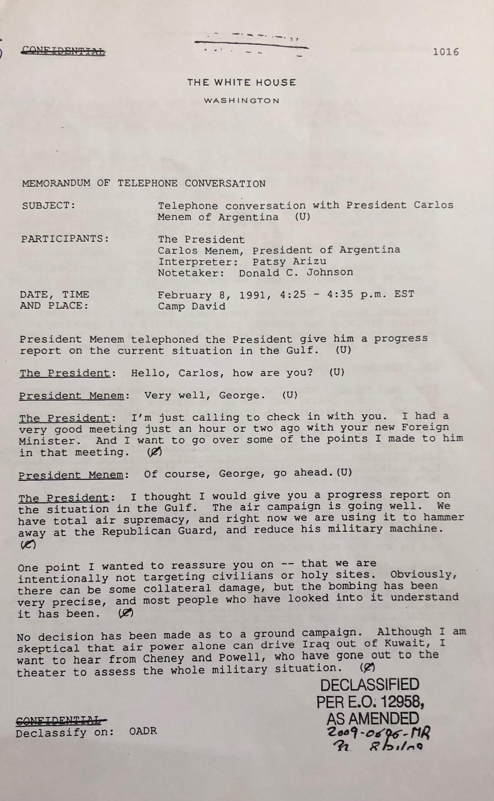 Desgrabación de la conversación telefónica entre Bush y Menem analizando la operación “Tormenta del Desierto” (archivo de la Casa Blanca y Biblioteca Bush)