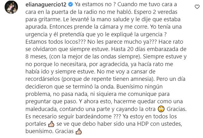 La respuesta de Eliana Guercio. Foto: Instagram.