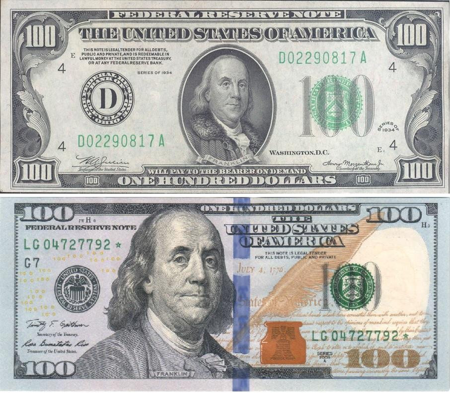 Comparación entre dólar "cara chica" (arriba) con el "cara grande". Foto: NA.