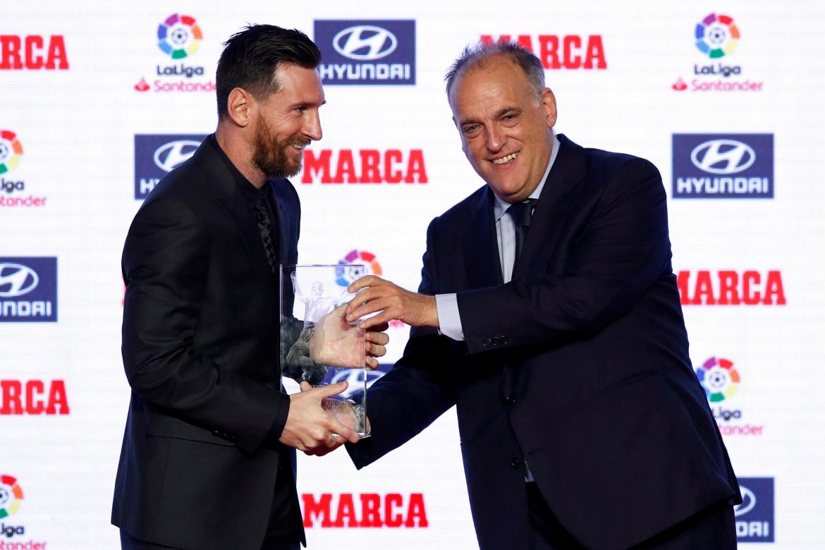 Javier Tebas y Lionel Messi, fútbol español. Foto: Reuters