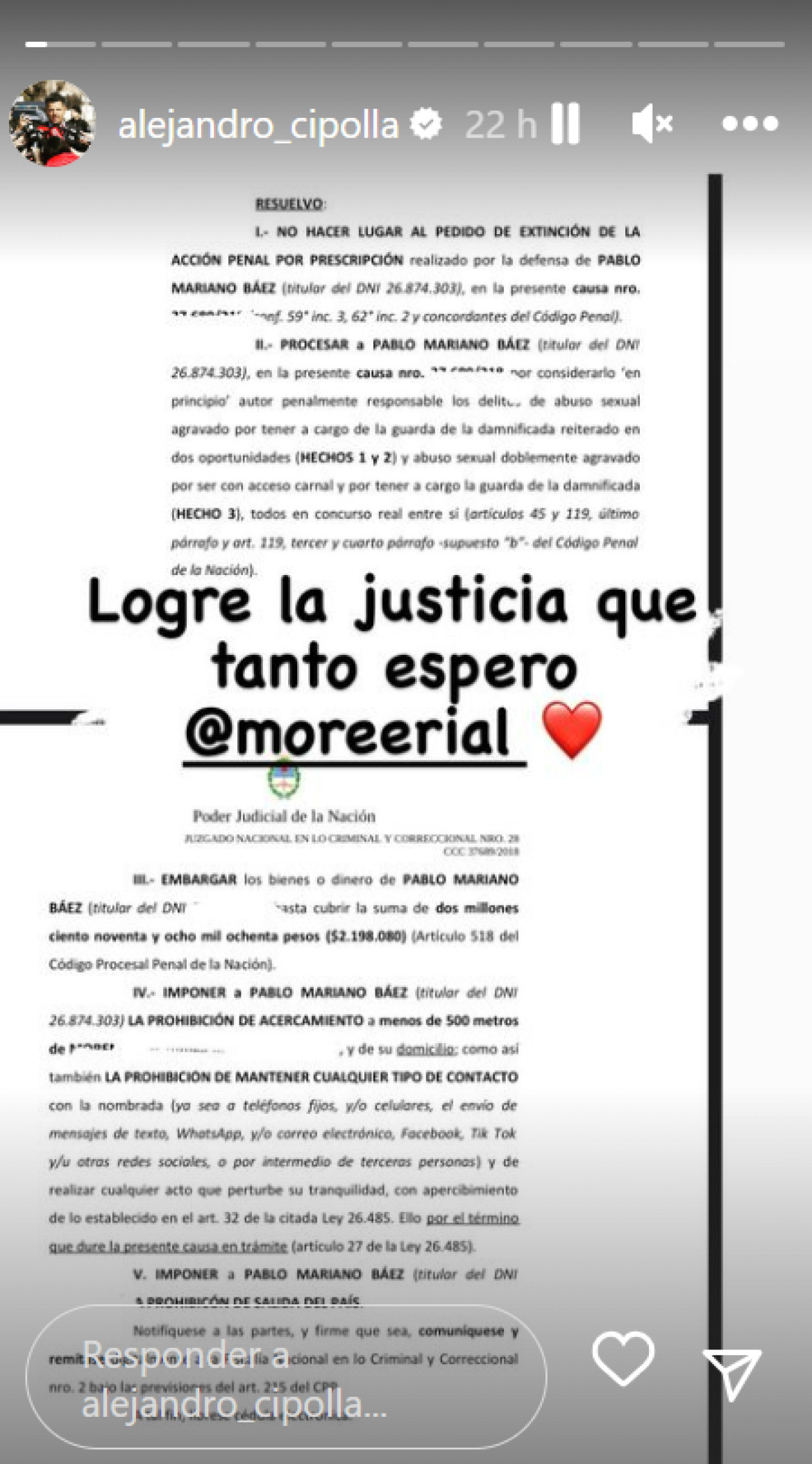 Alejandro Cipolla luego del fallo judicial en el caso de exchofer de Jorge Rial. Foto: Instagram.