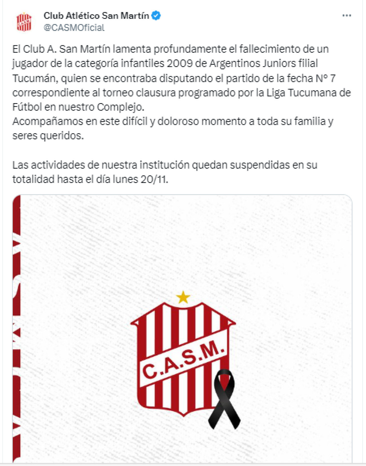 Comunicado de San Martín de Tucumán tras la muerte de Agustín Lazarte. Foto: Twitter.