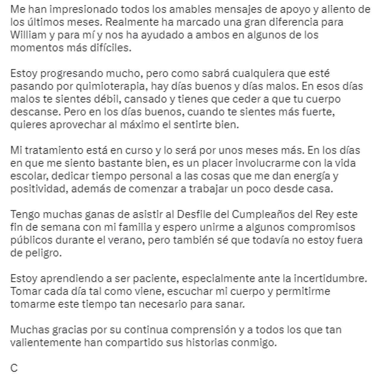 Comunicado de Kate Middleton. Foto: Twitter.