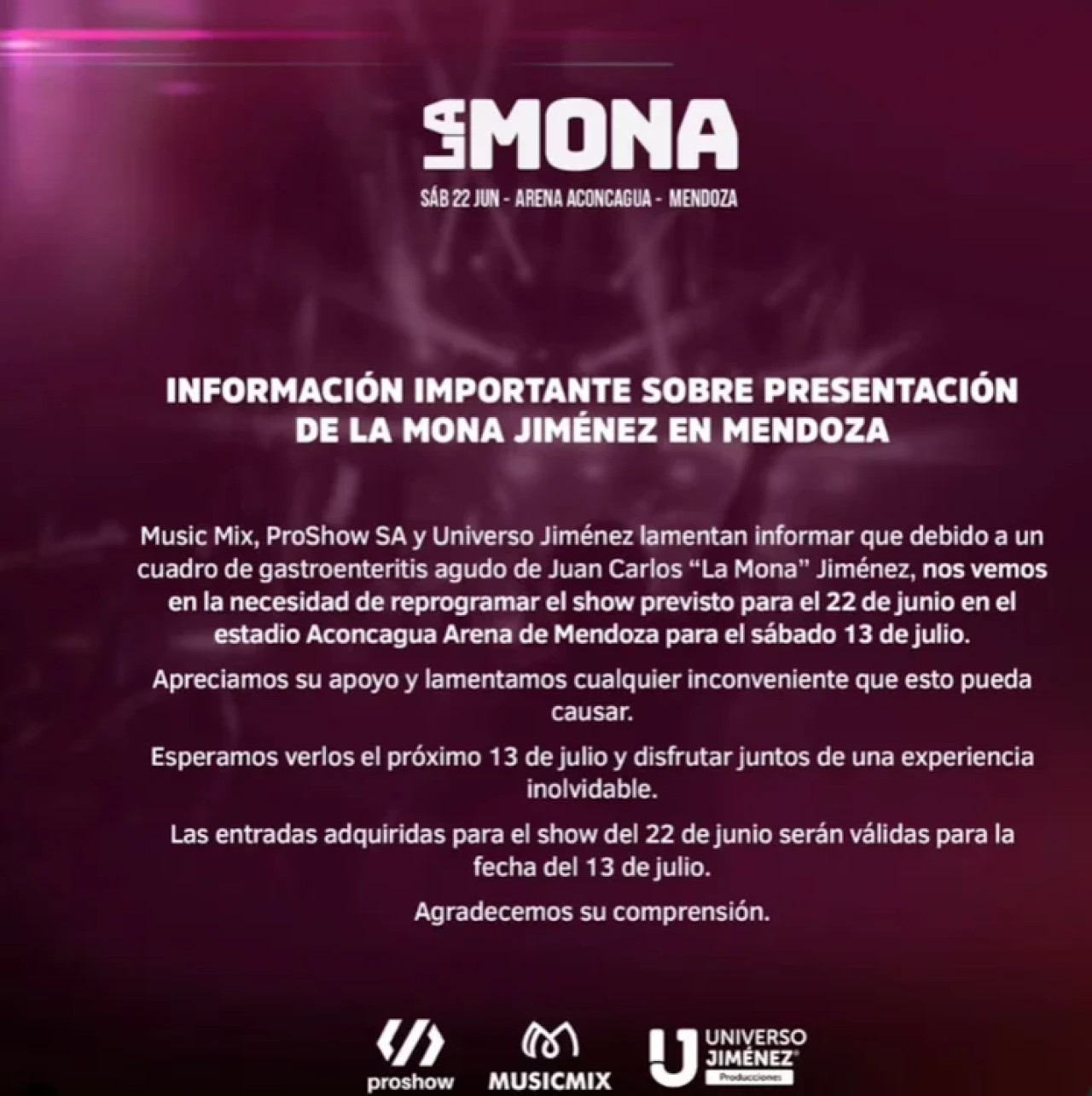 Comunicado sobre la salud de la Mona Jiménez. Foto: redes.