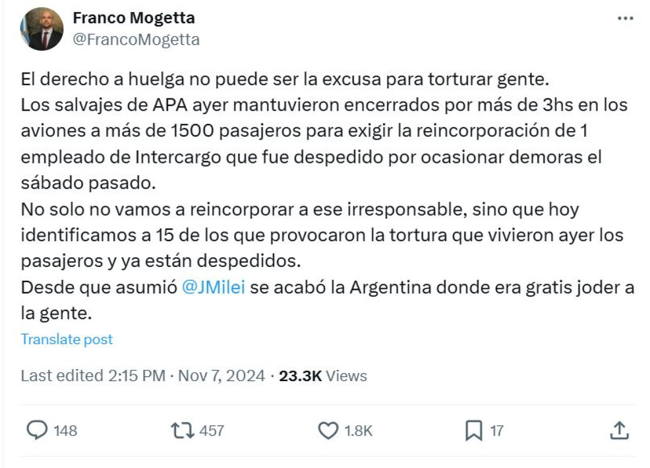 El tuit del Secretario de Transporte de la Nación, Franco Mogetta sobre Intercargo. Captura.
