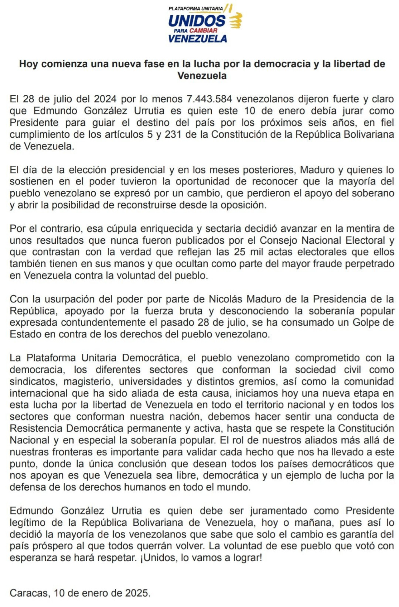 El comunicado de la oposición venezolana durante la asunción de Nicolás Maduro. Foto: x @unidadvenezuela.
