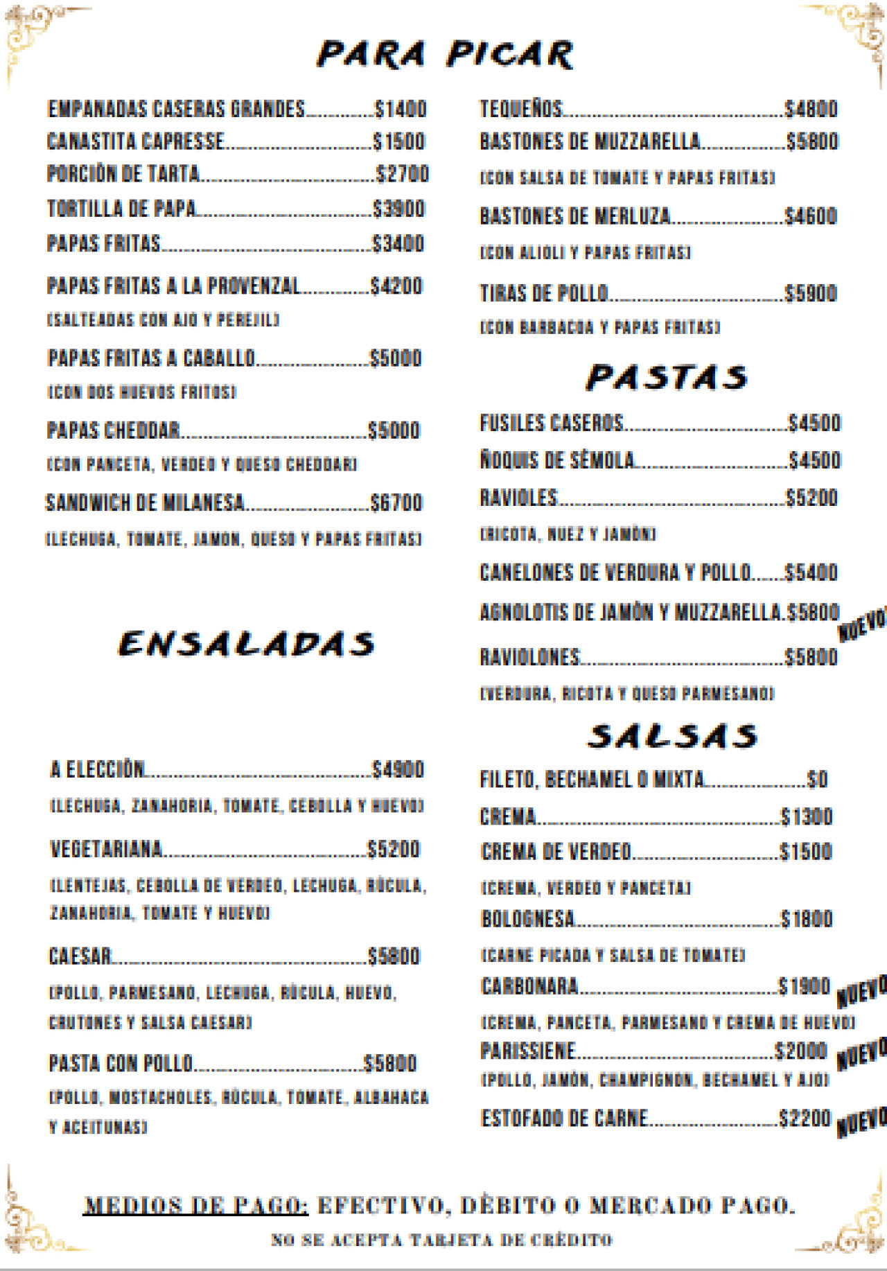 La carta de Bellagamba. Foto Instagram @bellagambapalermo