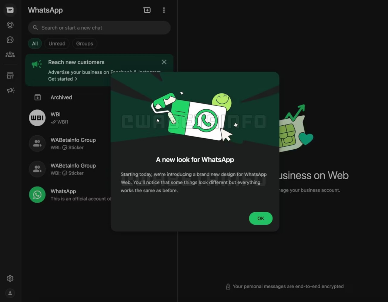 Captura de pantalla del nuevo WhatsApp. Fuente: WABetaInfo