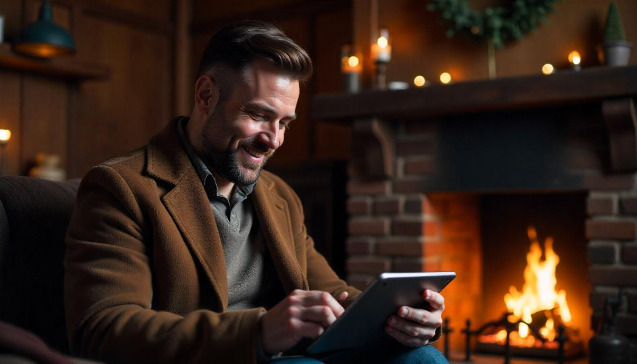 Persona feliz, trabajo, casa. Foto: Freepik AI.