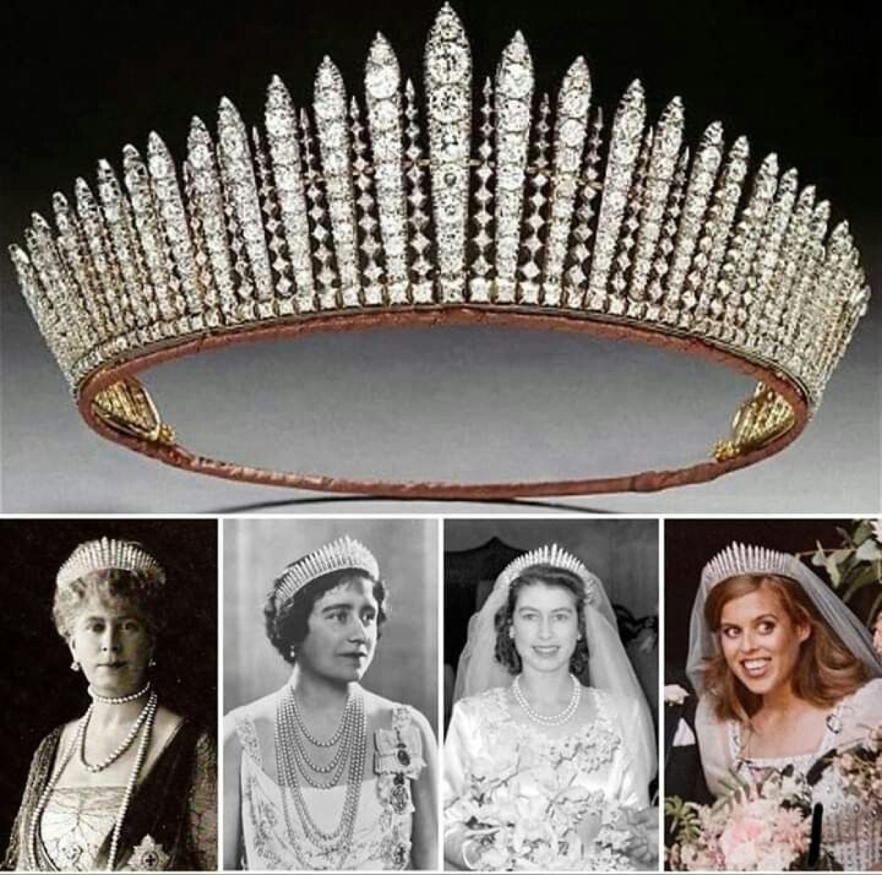 La Tiara Fringe fue creada para la Reina Maria, usada por Isabel II en su matrimonio y por la Princesa Beatriz también en su boda. Foto: Pinterest.