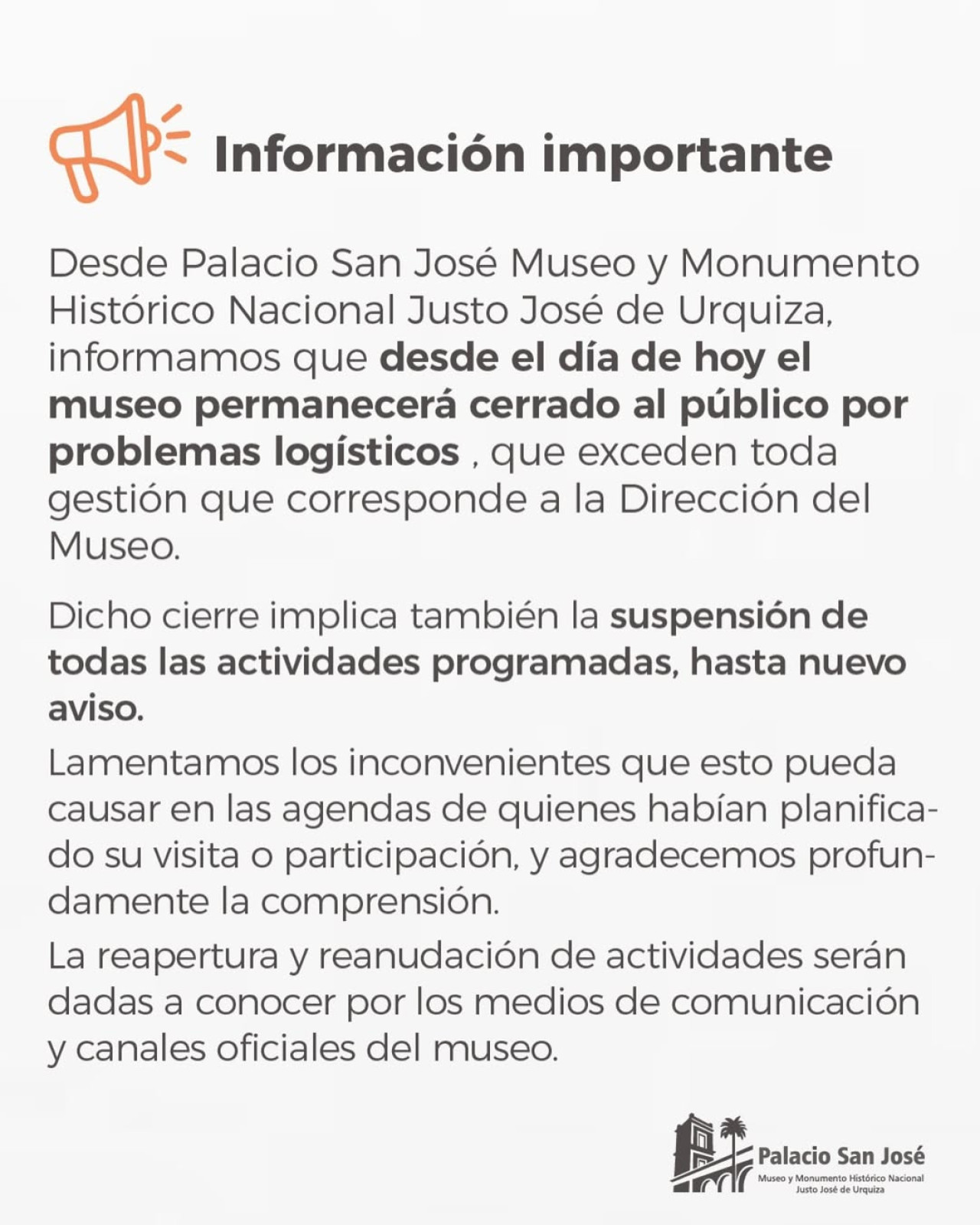 Comunicado oficial sobre el cierre del museo. Foto: Instagram @oficial.palaciosanjose
