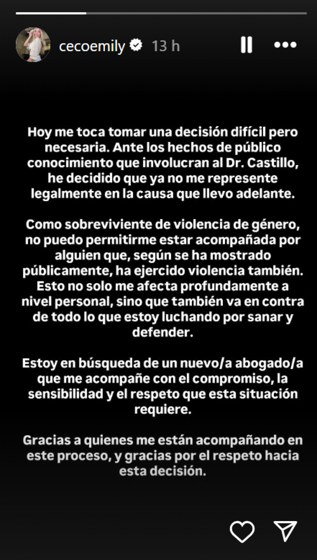 Comunicado de Emily Ceco. Foto: Instagram.