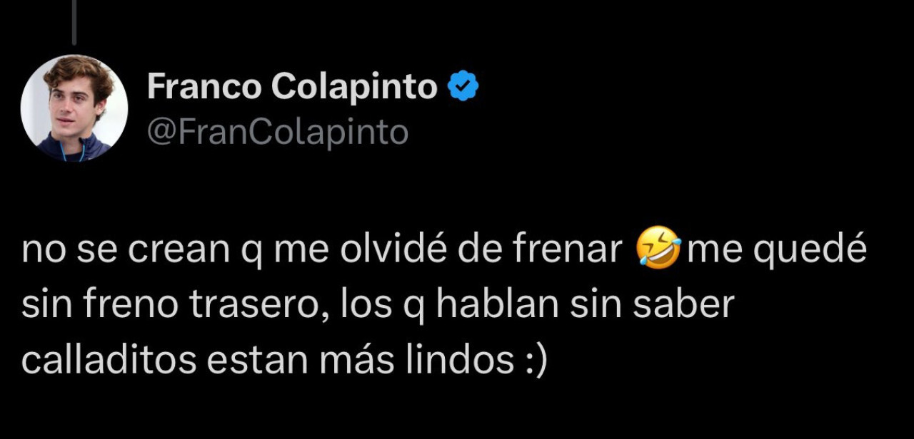 El tuit que borró Franco Colapinto tras su accidente en Monza. Foto: X @TeamAlpineArg
