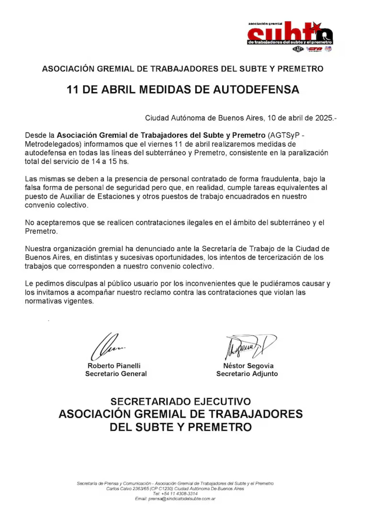 Paro de subtes para el viernes 11 de abril. Foto: AGTSyP