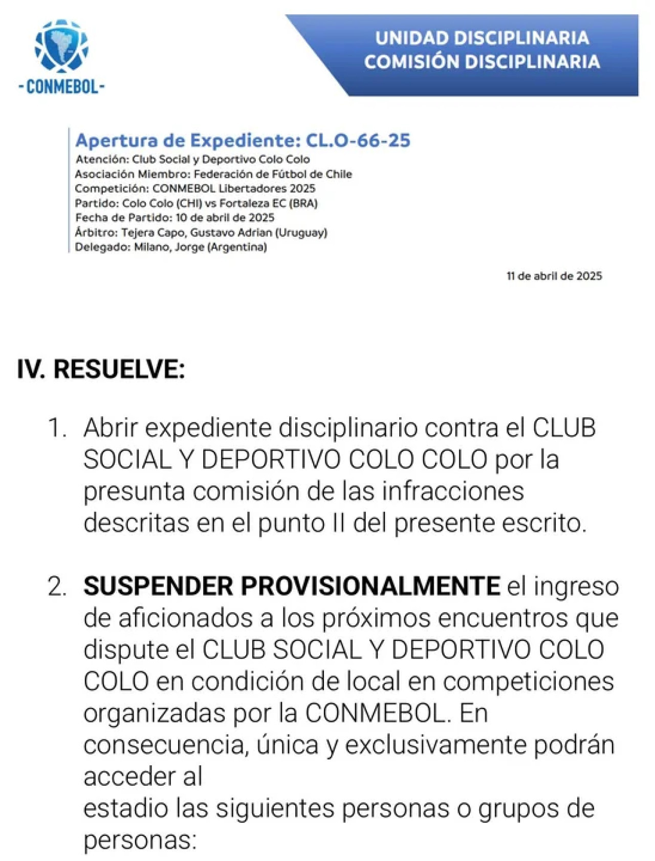 La sanción de Conmebol contra Colo Colo tras la muerte de los dos hinchas. Foto: Conmebol.