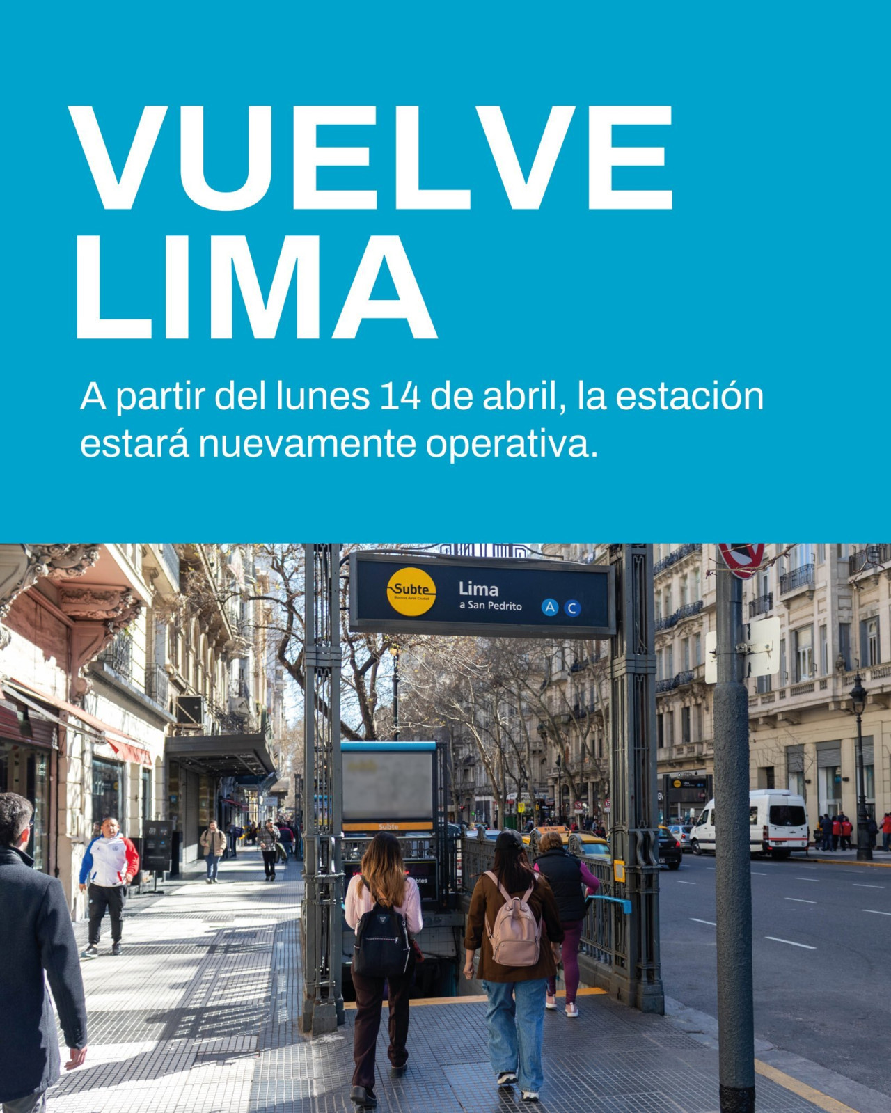 Reabre la estación Lima de la Línea A del subte. Foto: basubte.