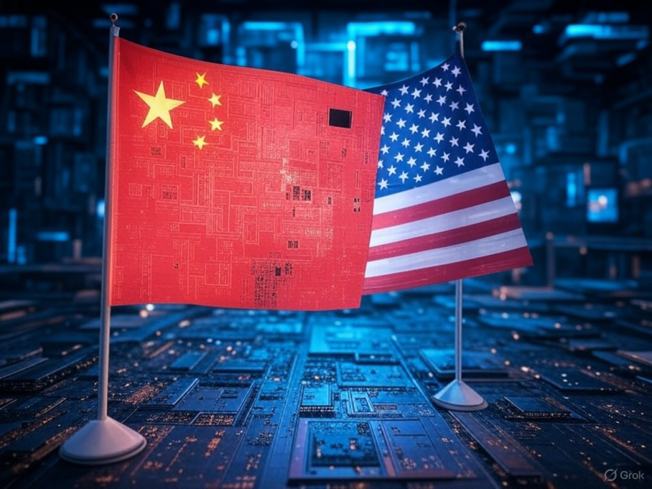 Bandera de China; bandera de Estados Unidos. Foto: Grok.