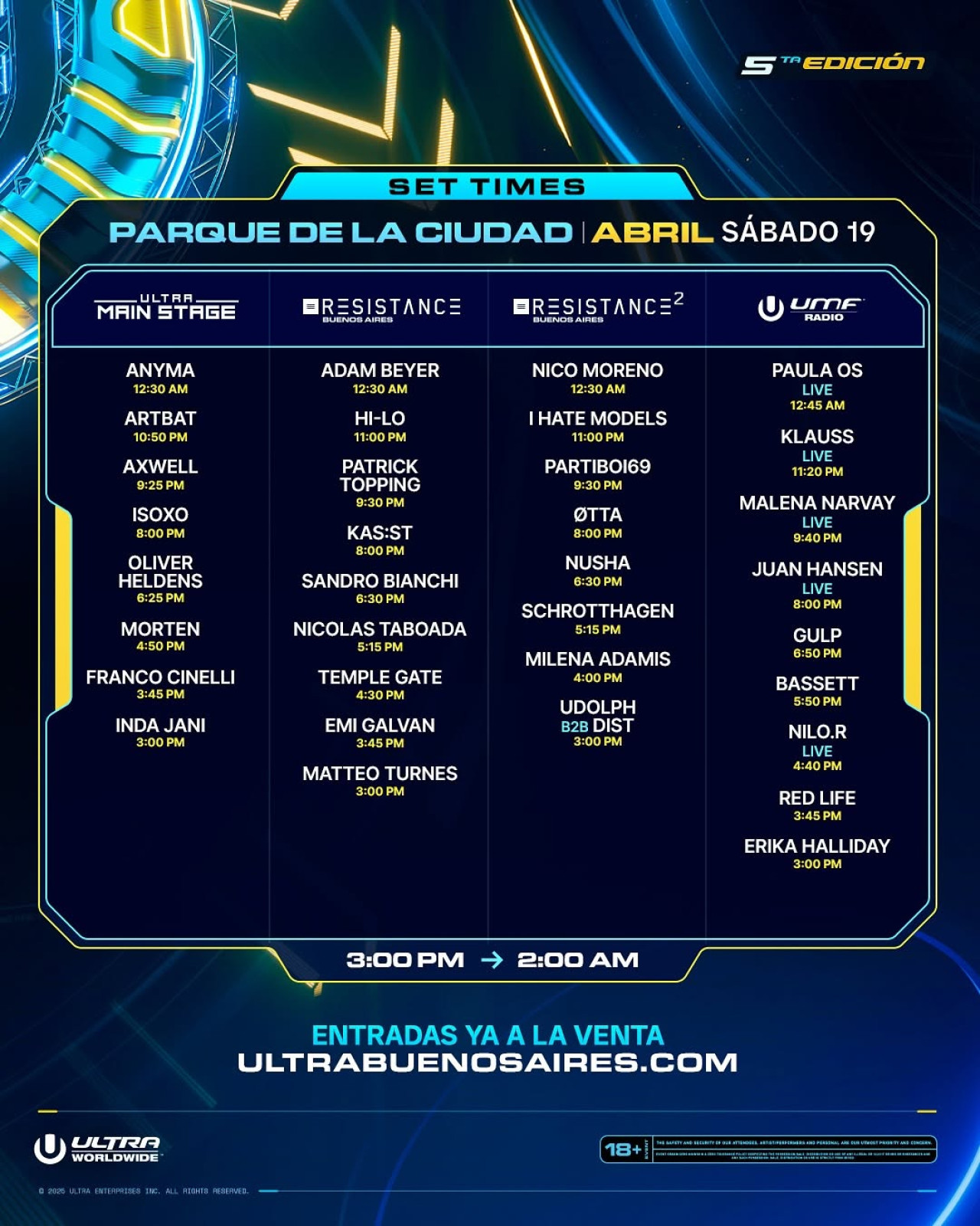 Set times del Ultra Music Festival. Foto Instagram @ultrabsas