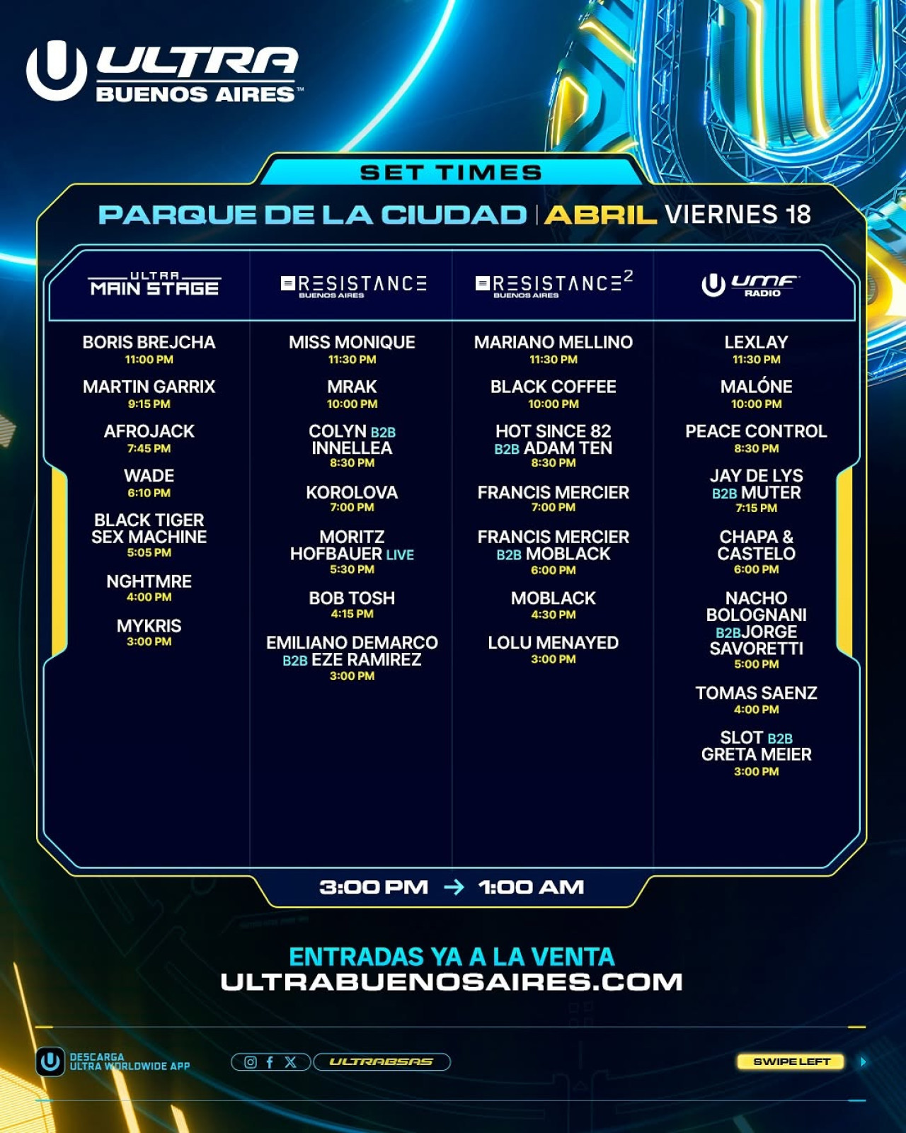 Set times del Ultra Music Festival. Foto Instagram @ultrabsas