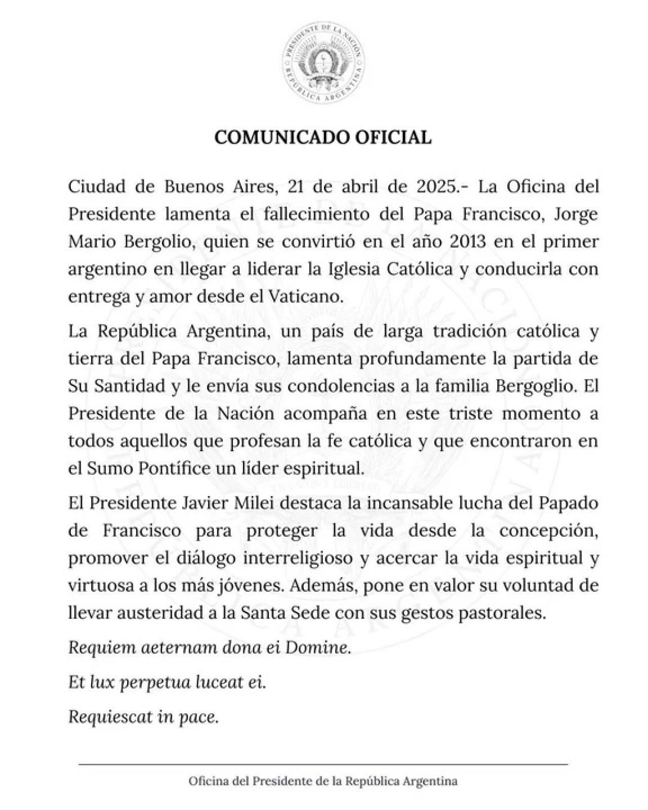 El comunicado del Gobierno de Javier Milei tras la muerte del papa Francisco