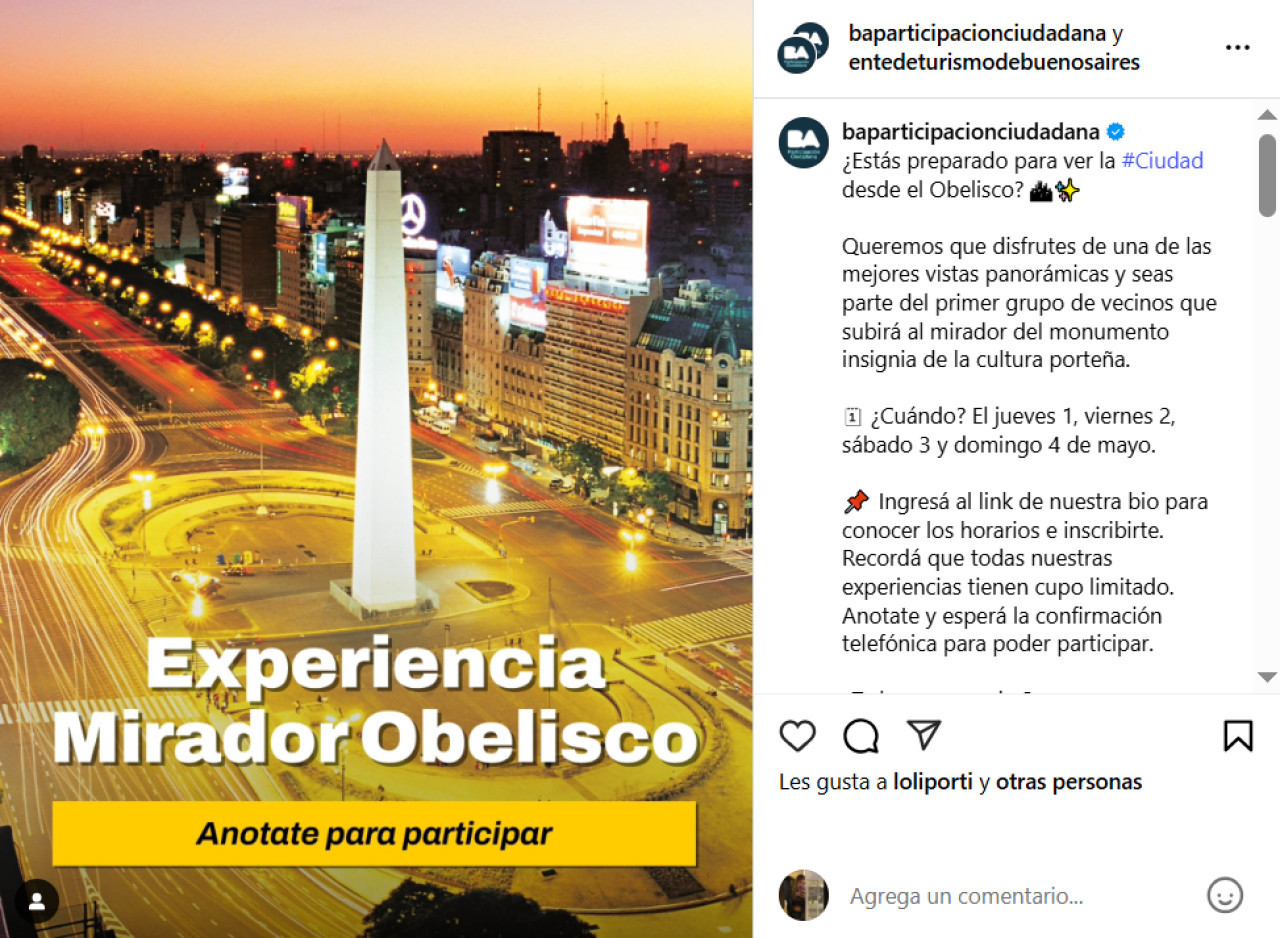 Cómo registrarte para poder subir al mirador del Obelisco. Foto: Instagram.