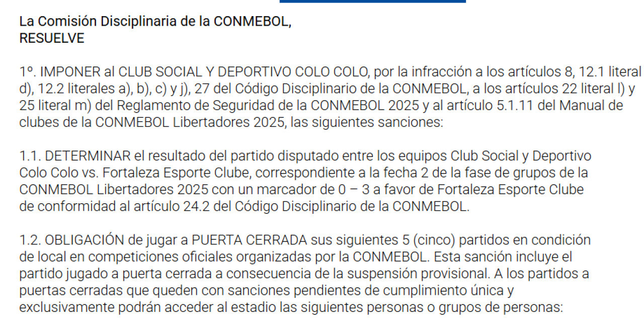 Fallo de la Conmebol tras los incidentes en el partido entre Colo Colo y Fortaleza.